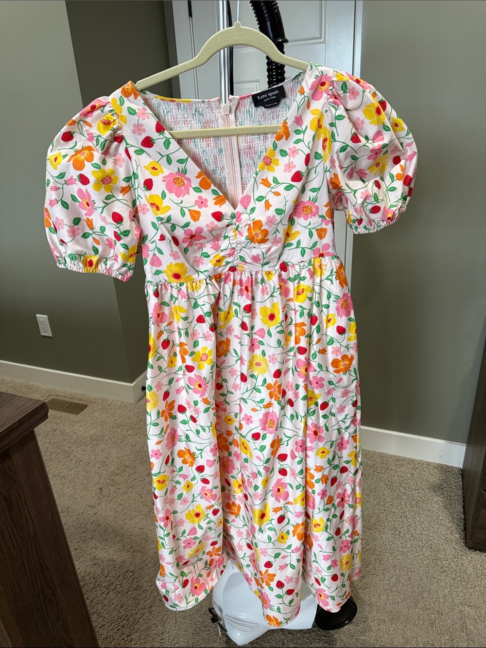 kate spade White Floral Puff Sleeve V-Neck Dress